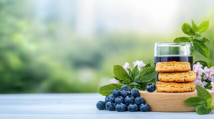 Poster - Refreshing Snack with Blueberries, Biscuits, and Mint Leaves
