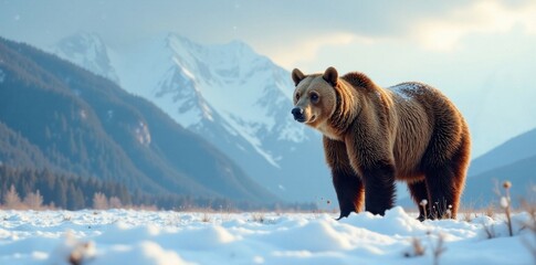 a lone grizzly bear stands tall against a snowy backdrop, nature, grizzly bear snow wildlife animal 