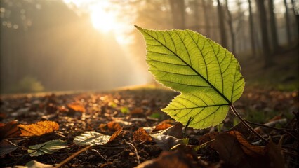 Aufkleber - A single green leaf stands out against a backdrop of fallen leaves bathed in the golden glow of the setting sun.