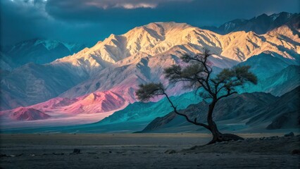 Aufkleber - A Solitary Tree Stands Tall Against a Backdrop of Majestic Mountains Bathed in the Hues of a Colorful Sky