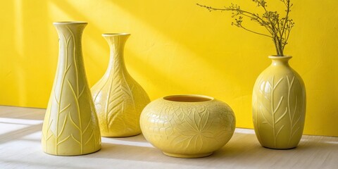 Fototapete - A still life of three yellow ceramic vases with a floral pattern, arranged on a light wooden surface against a yellow background.