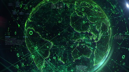 Aufkleber - Digital technology globe circular line network connection. Green planet, lens flares with copy space for business, infographic 4K motion background 