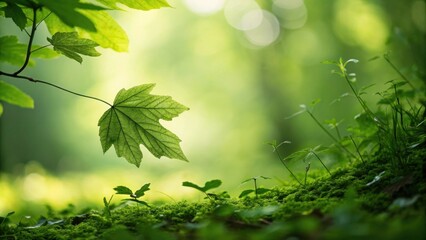 Aufkleber - A single, vibrant green leaf hangs from a branch above a bed of moss, bathed in soft sunlight filtering through the forest canopy