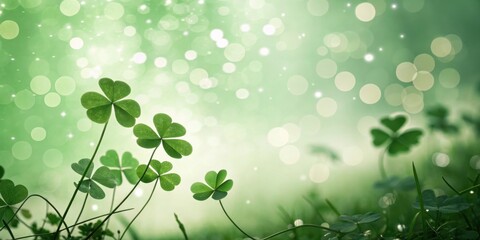 Poster - Shamrock leaves in a soft green and white bokeh background, creating a whimsical and magical scene.