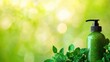 © tashechka - A green bottle of lotion stands amidst fresh mint leaves, glistening with drops of water in a vibrant outdoor environment