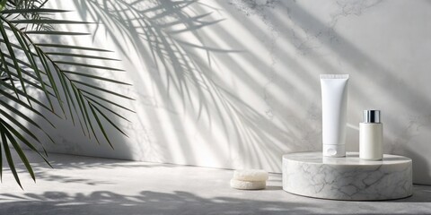Poster - Minimalist Skincare Display with Palm Leaf Shadow and White Marble Pedestal