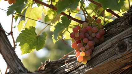 Aufkleber - A cluster of ripe grapes hangs from a weathered vine, bathed in the golden light of the afternoon sun.