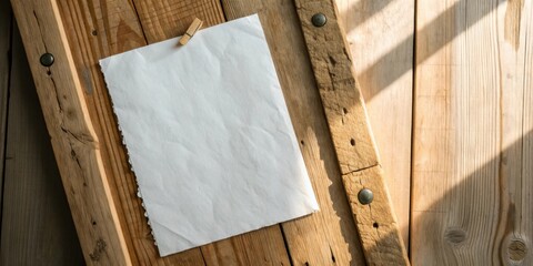 Aufkleber - A blank piece of paper pinned to rustic wooden boards with a sliver of light streaming through