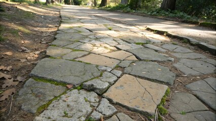 Aufkleber - A winding stone pathway through a forest, with uneven flagstones worn smooth by time and covered in patches of green moss, leading to a secluded destination.