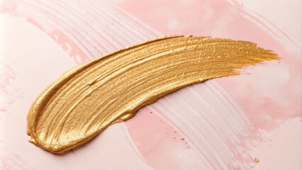 Poster - A single brushstroke of glistening gold paint on a pink background, a striking contrast of texture and color