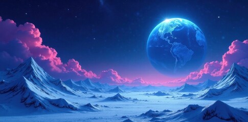 icy blue planet with swirling purple clouds and starry night sky background , astronomy, cosmos, uni