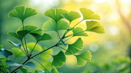 Aufkleber - A close-up of a ginkgo biloba branch with delicate green leaves, bathed in the warm glow of a setting sun, capturing the tranquility of nature's beauty