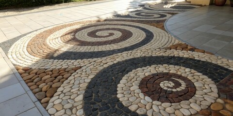 Fototapete - A stone path decorated with unique and intricate patterns featuring swirls and circular arrangements, adding a touch of elegance to the outdoor space.