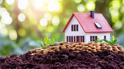 Model House Surrounded by Coins on Soil with Green Background