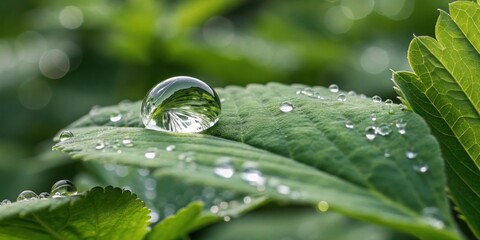 Poster - A large, round dewdrop sits atop a green leaf, reflecting the surrounding foliage, surrounded by smaller droplets that shimmer in the sunlight.
