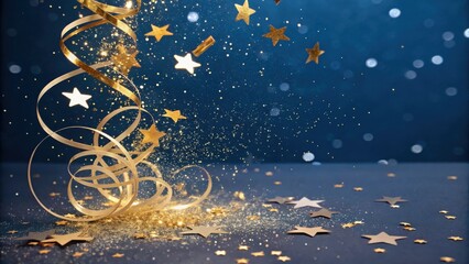 Aufkleber - Golden Stars and Glitter Falling on Blue Background