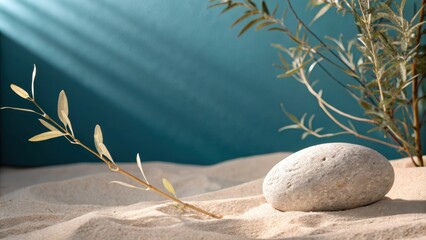 Aufkleber - A Single Stone Nestled In Soft Sand With Delicate Branches Reaching Out Against A Teal Background