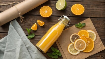 Aufkleber - A bottle of fresh citrus juice surrounded by slices of fruit and a rustic wooden background