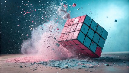 Aufkleber - A vibrant, blue and pink colored cube explodes into a colorful cloud of powder, leaving behind a trail of scattered particles and a sense of explosive energy.