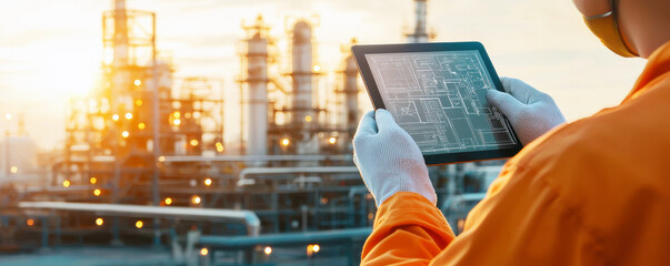 worker using digital tablet to monitor industrial processes at dawn