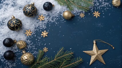Poster - A festive Christmas background with black and gold ornaments, snowflakes, and evergreen sprigs on a deep blue background.