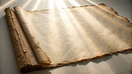 Aufkleber - An aged scroll partially unrolled, bathed in warm sunlight, reveals a blank canvas for ancient tales and forgotten lore.