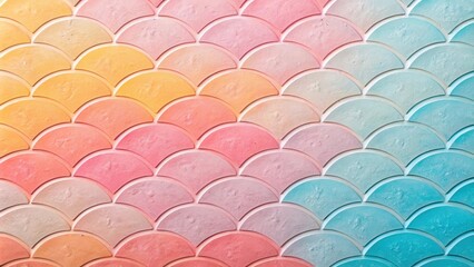 Fototapete - A vibrant wall with a textured pattern of overlapping semicircles painted in a gradient of pastel yellow, pink, and blue hues.