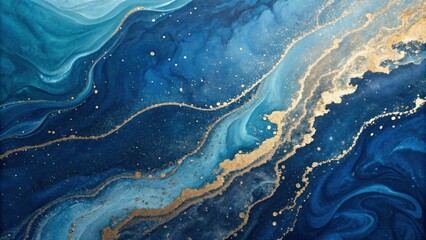 Aufkleber - Abstract Swirling Blue and Gold Marbled Texture with Shimmering Gold Flakes and Scattered Gold Dots