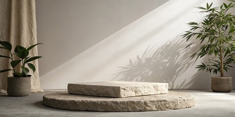 Aufkleber - A minimalistic stone podium with soft, natural light and leafy plants in woven baskets