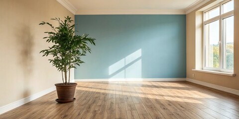 Aufkleber - Empty Room with Beige and Blue Walls, a potted plant, and Hardwood Floors with Natural Light Streaming Through a Window
