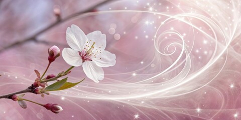 Aufkleber - A Single Blossom Emerging From A Branch With A Dreamy, Swirling Background Of Pink And White