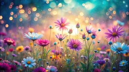 Aufkleber - A field of colorful wildflowers bathed in warm sunlight and surrounded by a shimmering bokeh effect.