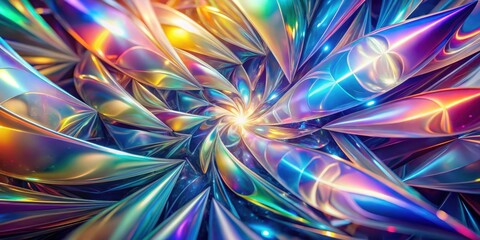 Poster - A mesmerizing swirl of iridescent geometric shapes, resembling a cosmic bloom, radiating vibrant colors with a central glow.