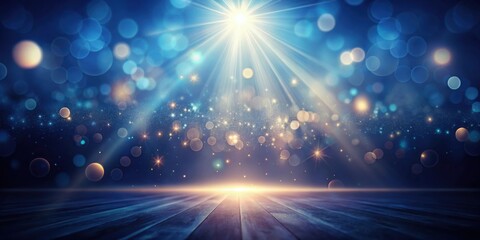 Aufkleber - A radiant beam of light illuminates a wooden surface with shimmering dust particles and a soft blue bokeh background.