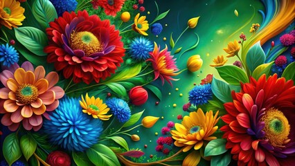 Aufkleber - A vibrant tapestry of colorful blooms, blooming against a rich green backdrop, bursting with life and energy