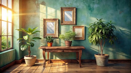 Aufkleber - Sunbeams illuminate a room with a rustic wooden table and potted plants, framed by a window and textured walls.