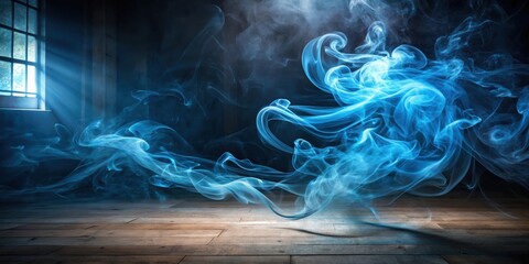 Poster - Abstract Blue Smoke Swirling Through a Dark Room With a Wooden Floor and a Window Allowing a Stream of Light to Shine Through