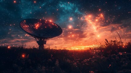 Wall Mural - glowing satellite dish pointed at star filled sky radiating waves of communication