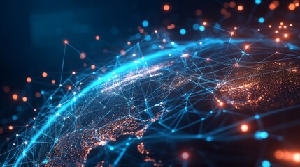 Fototapete - A D illustration of a global information network with lines connecting different cities around the world.