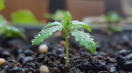 Poster - A close-up of raindrops falling onto a fresh green seedling, highlighting the beauty of nature.
