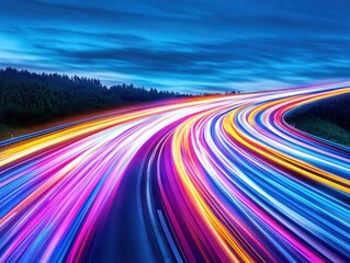 Leinwandbilder - A nighttime highway with long, colorful light trails from fastmoving vehicles, representing the rapid pace of digital innovation and technological advancement