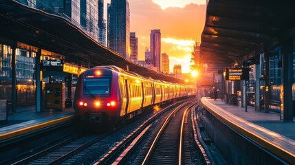Aufkleber - A commuter train arriving at a city station during rush hour.
