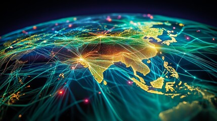 Fototapete - A dynamic image showing an information network with global data centers linked by digital pathways.
