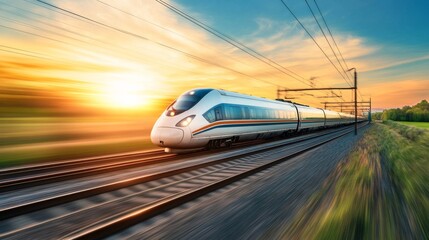 Poster - A high-speed train moving through a scenic countryside at sunset, symbolizing modern transportation.