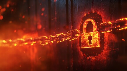 Fototapete - A network firewall blocking an unauthorized access attempt, with a locked padlock icon in the foreground.