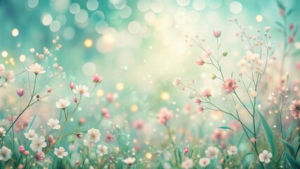Aufkleber - Delicate pink and white flowers blooming in a soft, dreamy, green and golden meadow with a blurred bokeh background.