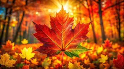 Aufkleber - A Single Maple Leaf Glows in the Autumn Sun, Surrounded by a Carpet of Fallen Leaves