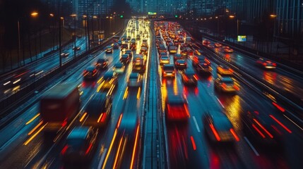 Aufkleber - A time-lapse shot of a highway during rush hour, showing moving vehicles and changing traffic lights.