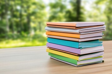Aufkleber - A stack of files on a wooden table in an office