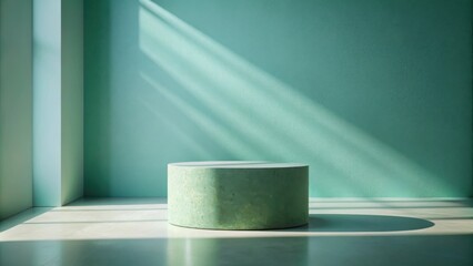 Aufkleber - A Minimalist Green Room with a Single Circular Platform in the Center, Bathed in Sunlight